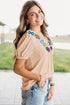 Artisan Bloom Crochet Trim Ribbed V Neck Short Sleeve Top